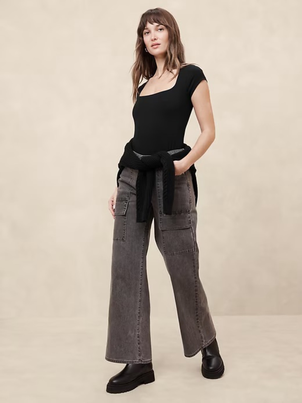 NWT Banana Republic Factory Black Square Neck Capped Sleeves T-shirt Size L